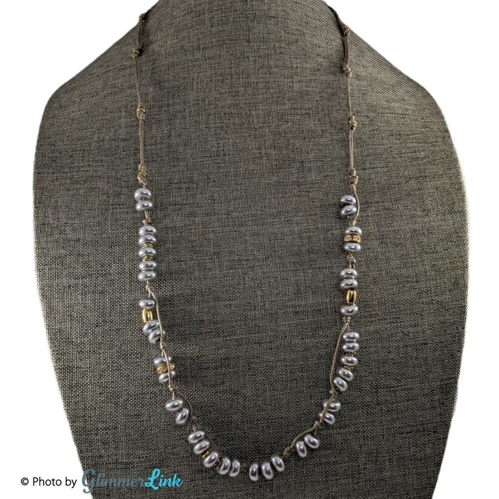 J Crew Gray Faux Pearl Rhinestone Rondelle Waxed Cord Necklace